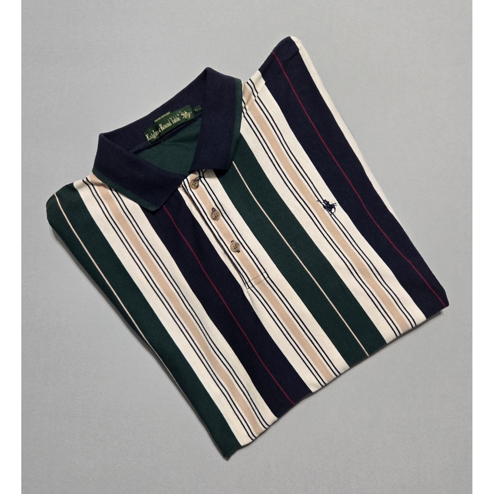Knights of Round Table Vertical Stripe Polo Shirt Mens Large Green Blue Preppy